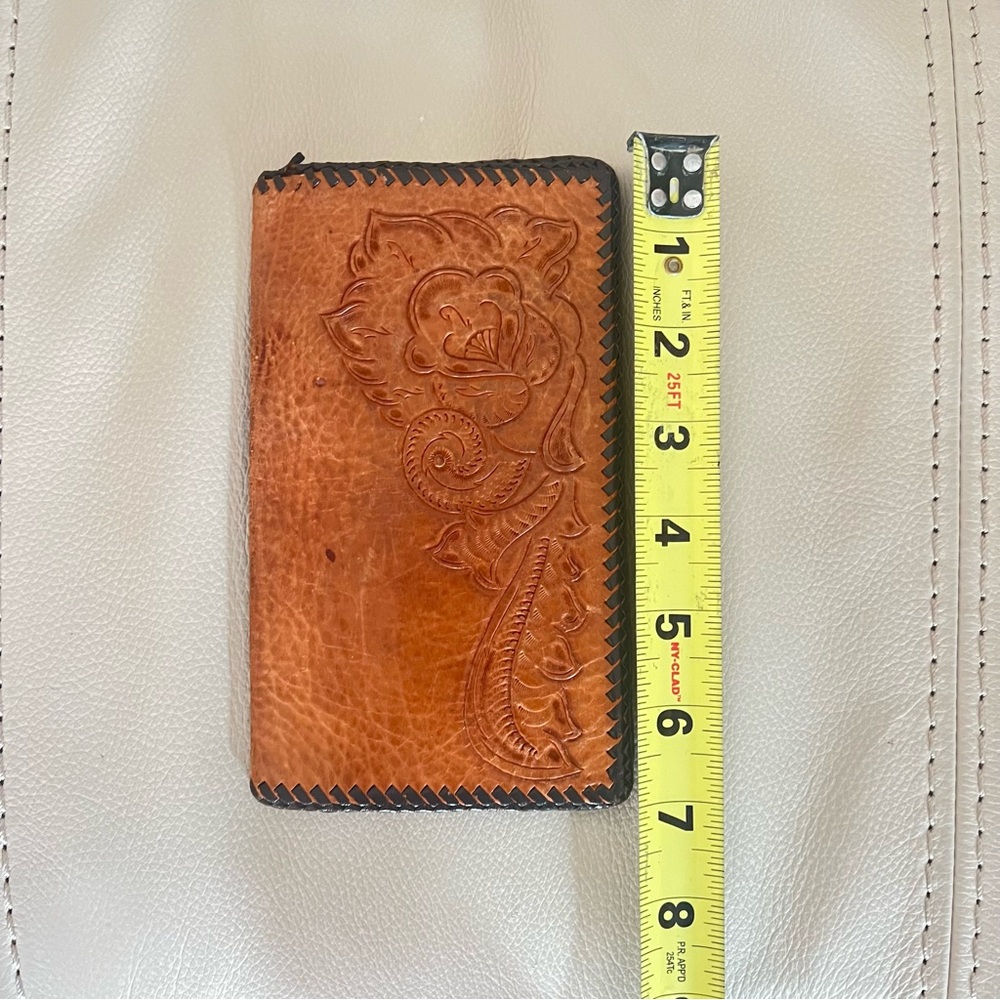 Tooled Leather Wallet Western Floral Embossed Brown Boho Retro Checkbook - Picture 8 of 12
